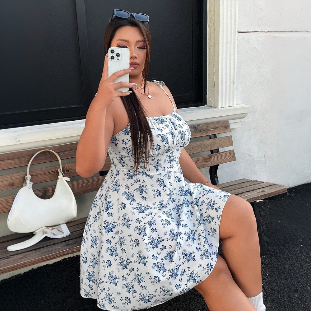 Plus Size Women's Sexy Sling Floral High Waist Dress