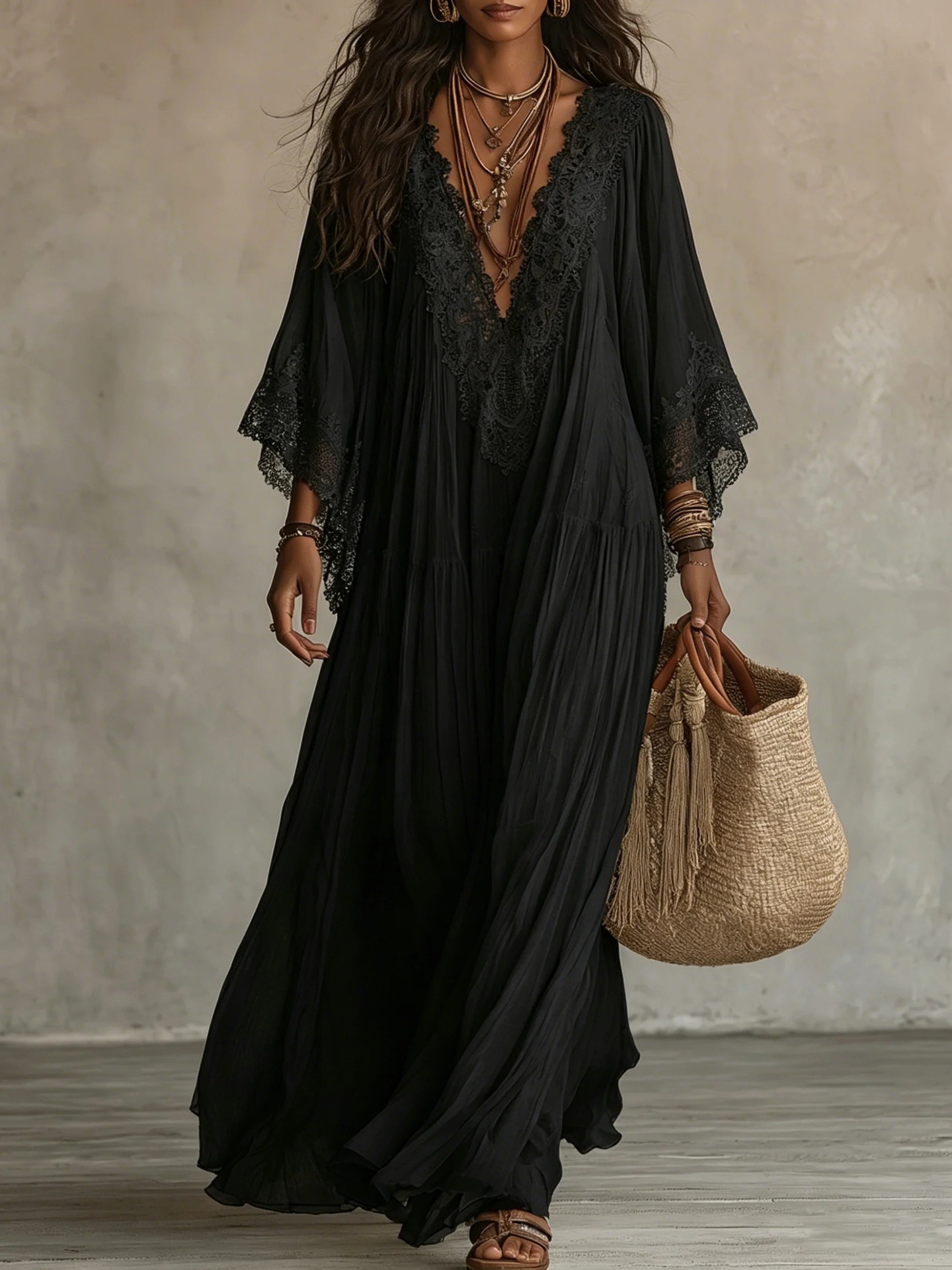 Lace V-neck Long Batwing-sleeve Dress