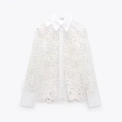 Dignified Hollow Embroidered Lapel Shirt Skirt Suit - Shirt - View 1