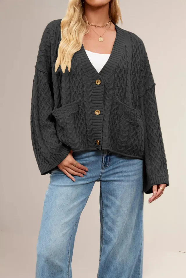 Women's Cable Loose fitting Solid Color Knitted Cardigan Black - Shop at LoveMi