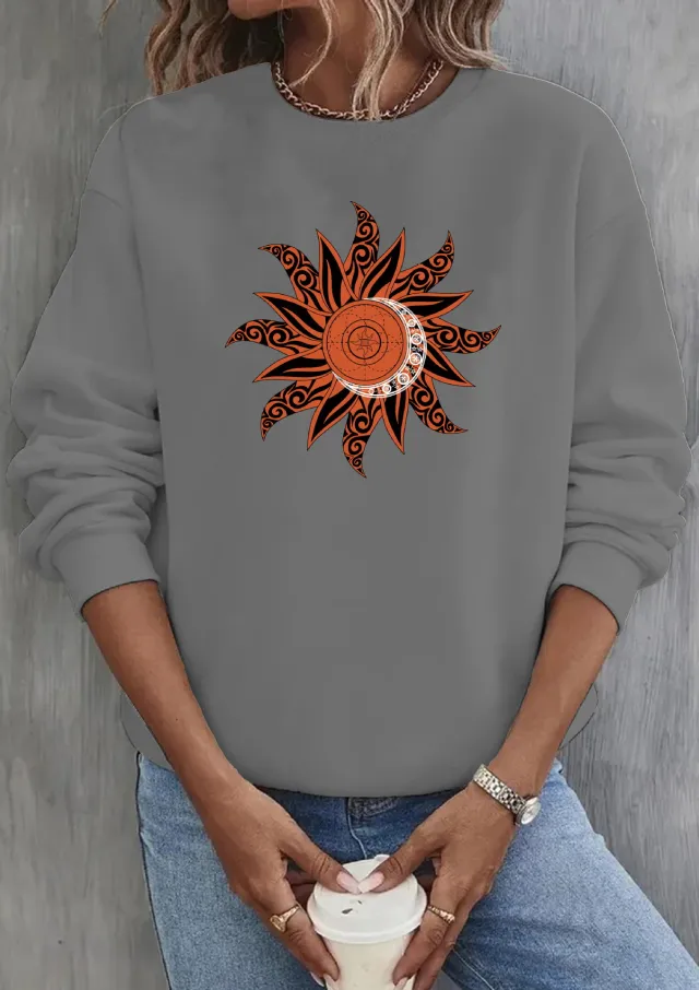 Loose Sun Series Fashion Print Round Neck Sweater Gray - Shop at LoveMi