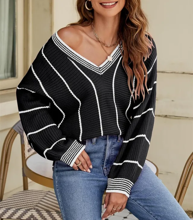 Women's V collar Contrast Color Striped Pullover Loose Sweater Black - Shop at LoveMi