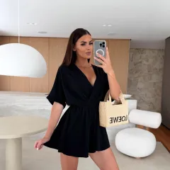 Summer V-neck Fashion Casual Waist Tight Solid Color Jumpsuit For Women - Black - View 1