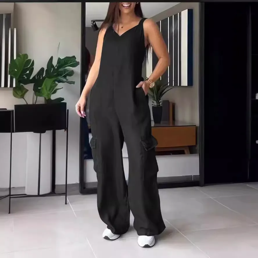 European And American Thin Jeans Wear Pocket V-neck Jumpsuit - Black