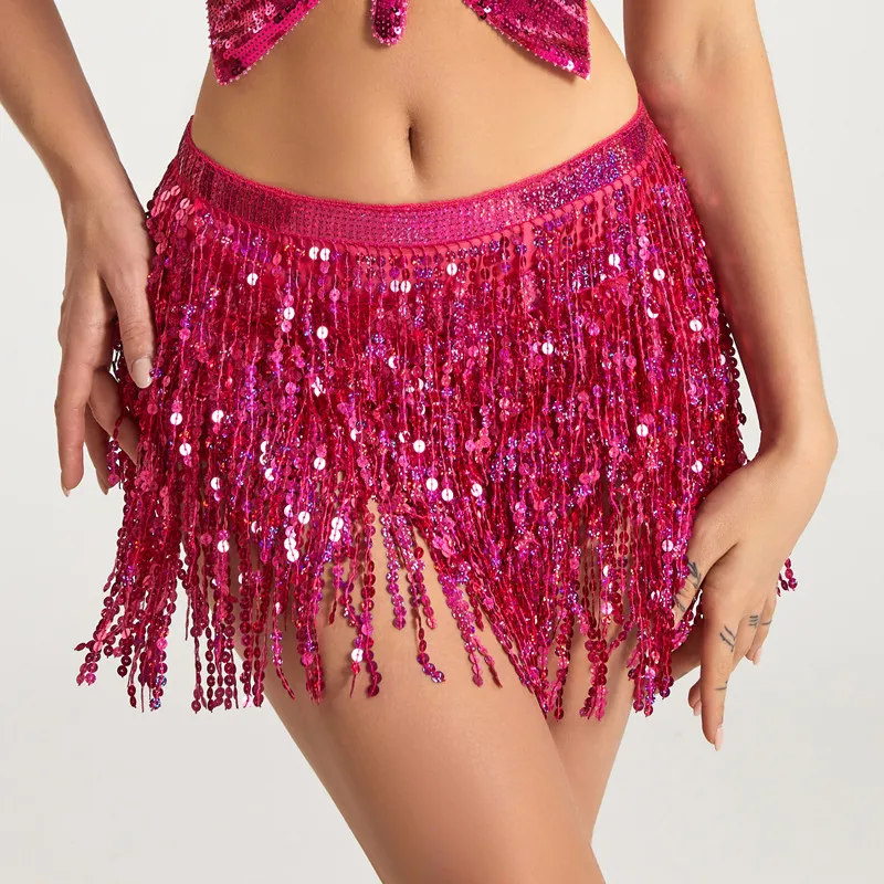Halloween Belly Dance Costume Sequined Tassel Hip Skirt Waist Scarf - Rose