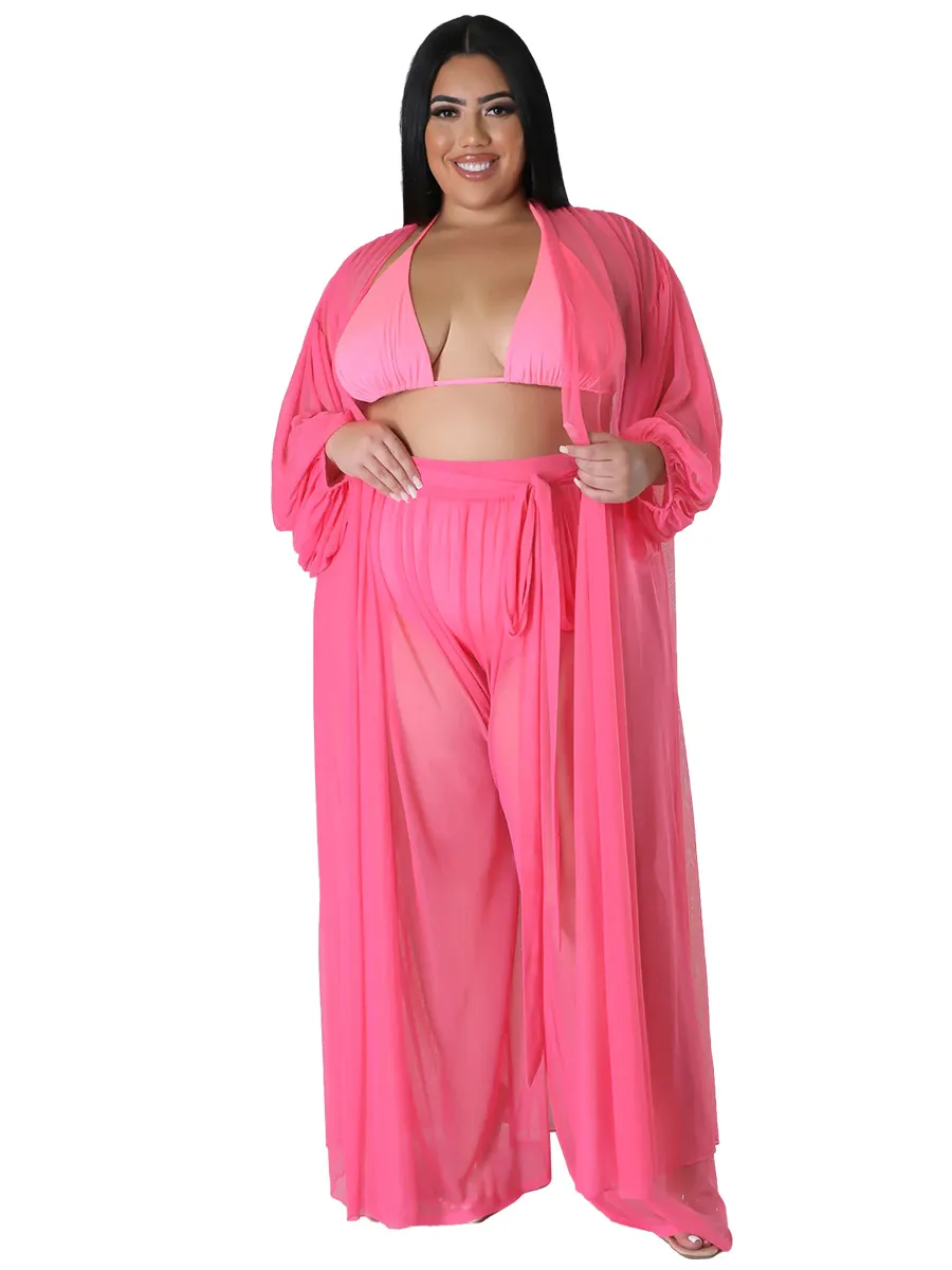 Women's Solid-Color Batwing-Sleeve Sexy Sheer Top And Pants Plus-Size Two-Piece Set - Pink