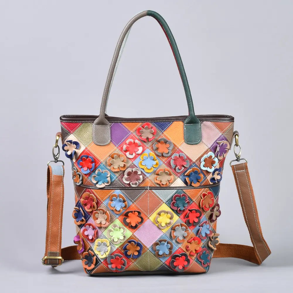 Top-grain Leather Floral Patchwork Shoulder Crossbody Bag