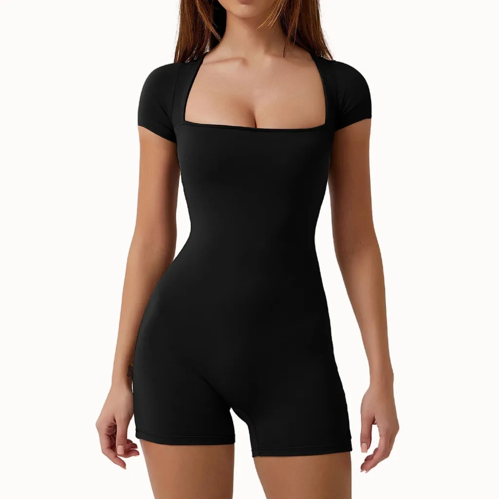 European And American Nude Feel Yoga Short Sleeve One-piece Training - Black