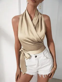 Halter Fashion Personalized Satin Shirt For Women - Champagne - View 1