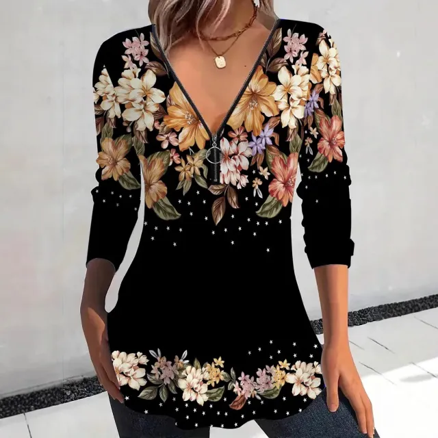 V neck Zipper Floral Print Long Sleeve Women's Top Color - Shop at LoveMi