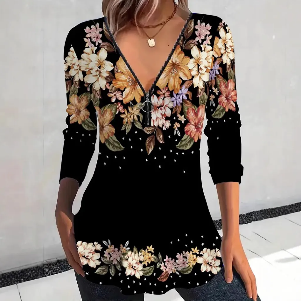 V-neck Zipper Floral Print Long Sleeve Women's Top - Color