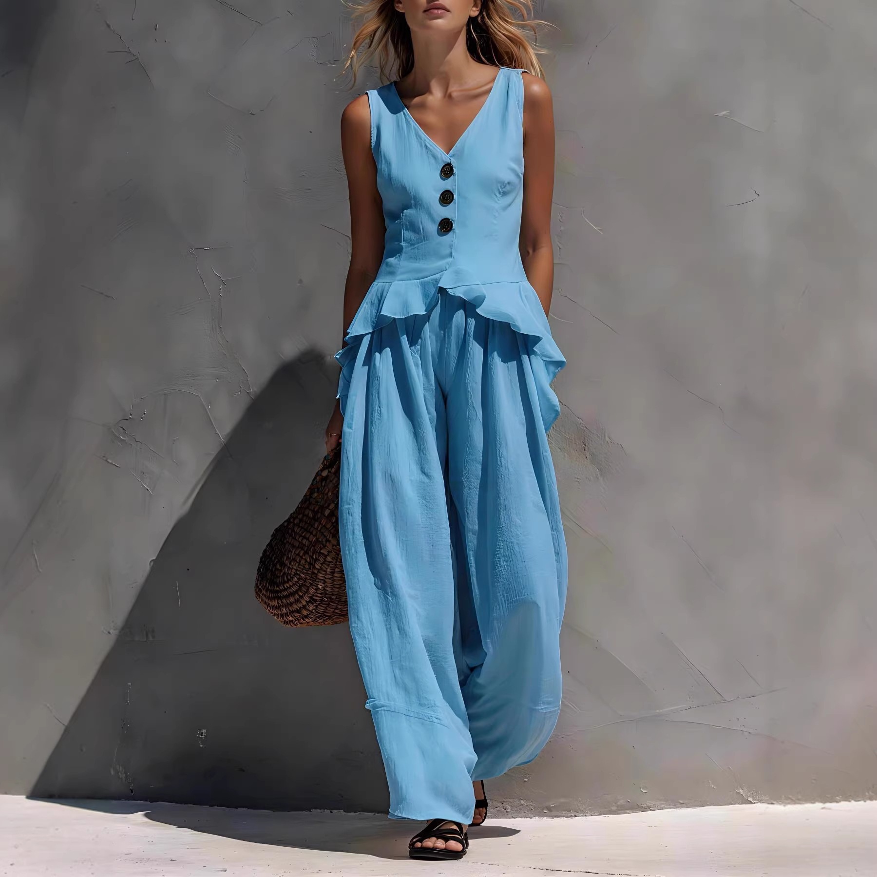 Sleeveless V-neck Ruffled Tank Top Draping Wide-leg Pants Two-piece Set - Image 1