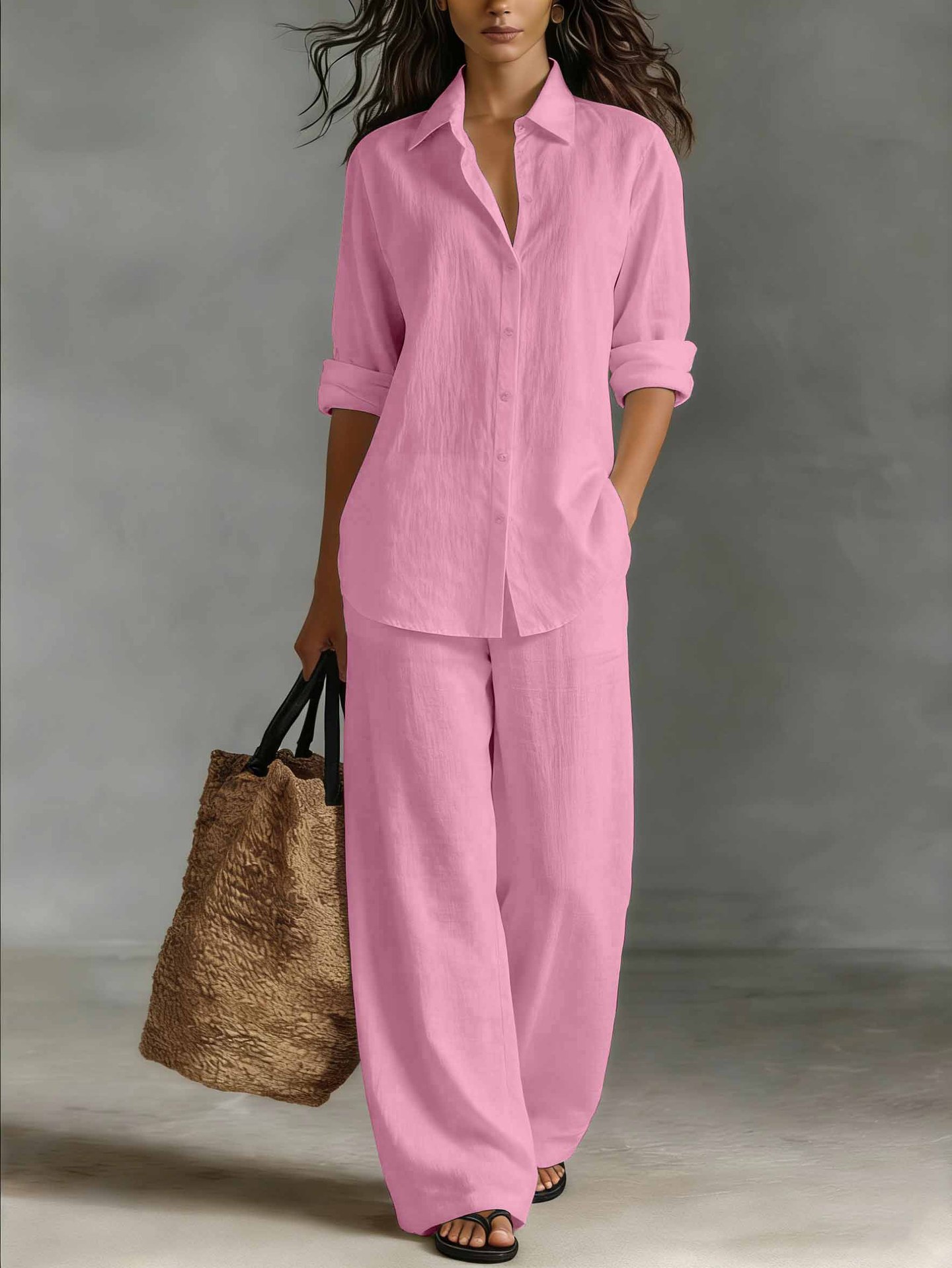 Women's Bohemian Cotton-Linen Top and Pants Set in Pink – full outfit