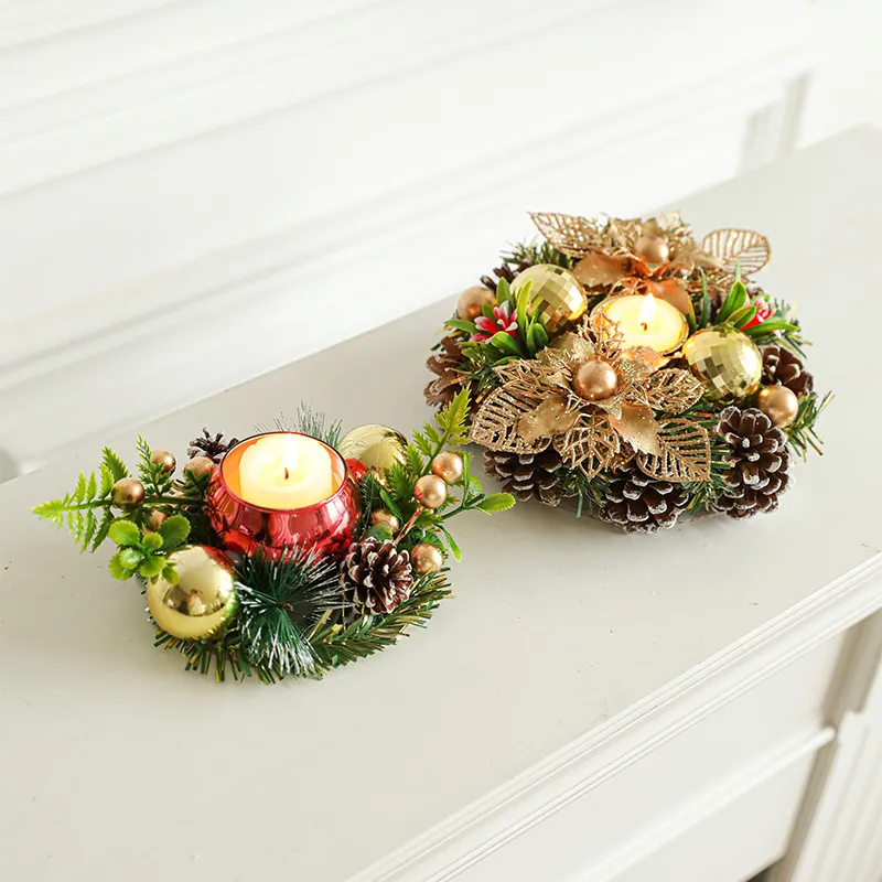 Christmas Candle Metals Candlestick Wreath Artificial Pinball Pinecone Candle Holder Fake Leaves Xmas New Year Home Table Decor – image 4