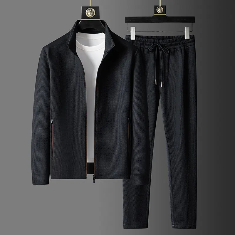 Casual Sports Solid Color Stand Collar Zipper Coat Trousers
