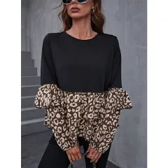 Women's Round Neck Women's Top Black Panel Leopard Print Long Sleeve Coat - Colour - View 1
