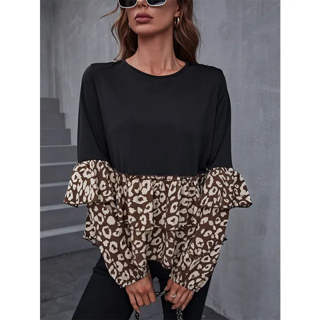 Women's Round Neck Women's Top Black Panel Leopard Print Long Sleeve Coat Color - Shop at LoveMi