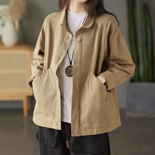 Retro Twill Cotton Large Pocket Single Breasted Loose Casual Top Khaki - Shop at LoveMi