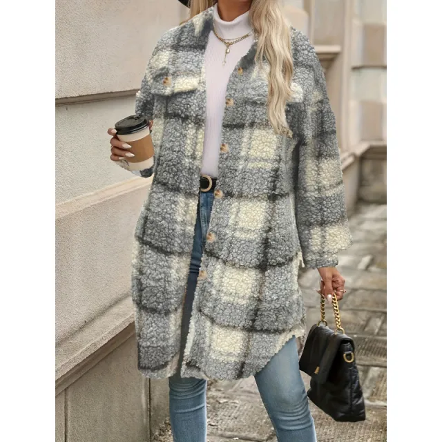 Lapel Colorblock Plaid Jacket New Design Sense Padded Coat Women's Clothing Light Gray - Shop at LoveMi