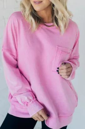 Washed Cotton Loose fitting Casual Round neck Sweater T shirt For Women Pink - Shop at LoveMi
