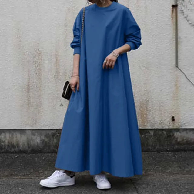 Casual Loose Oversized Round Neck Ribbed Long Sleeve Maxi Dress Blue - Shop at LoveMi