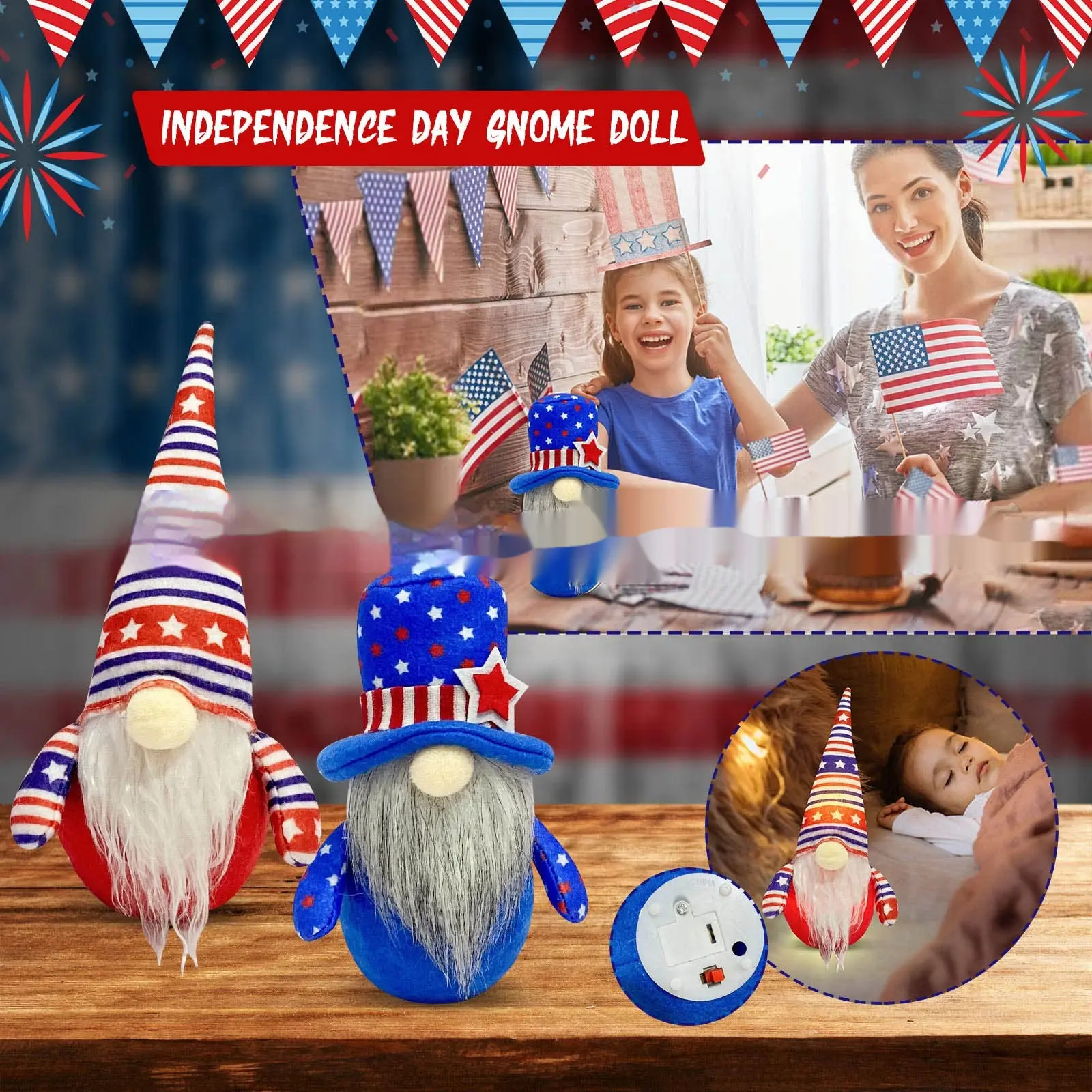 Creative Light Flag Faceless Old Rudolf Night Light Doll Independence Day Decorations