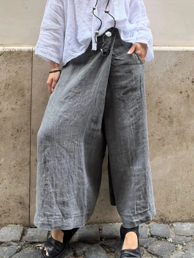 Cotton And Linen Loose Button Wide leg Pants Gray - Shop at LoveMi
