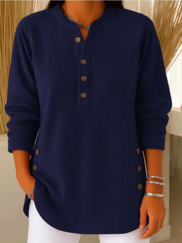 V neck Buttons Sweater Fashion Casual Solid Color Long sleeved Tops Women's Blouse T shirt Clothing Navy - Shop at LoveMi