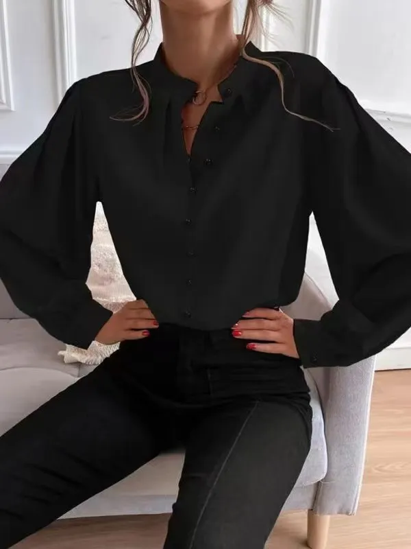 Commute Style Solid Color Round Neck Long Sleeve Single breasted Women's Shirt Black - Shop at LoveMi