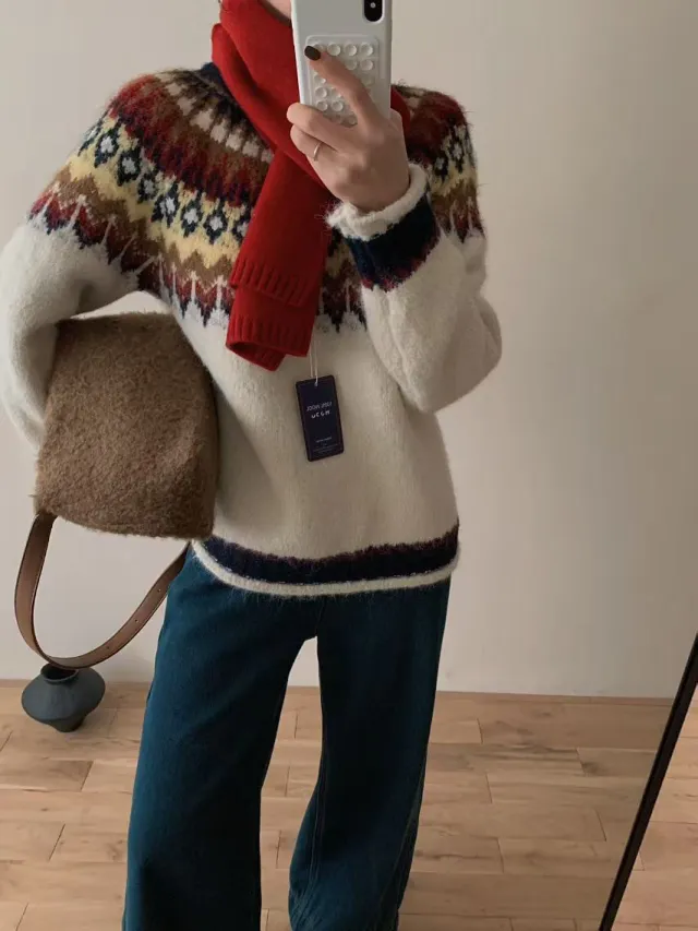 Retro Knitted Pullover Sweater Women's Loose Long Sleeve Top Beige - Shop at LoveMi