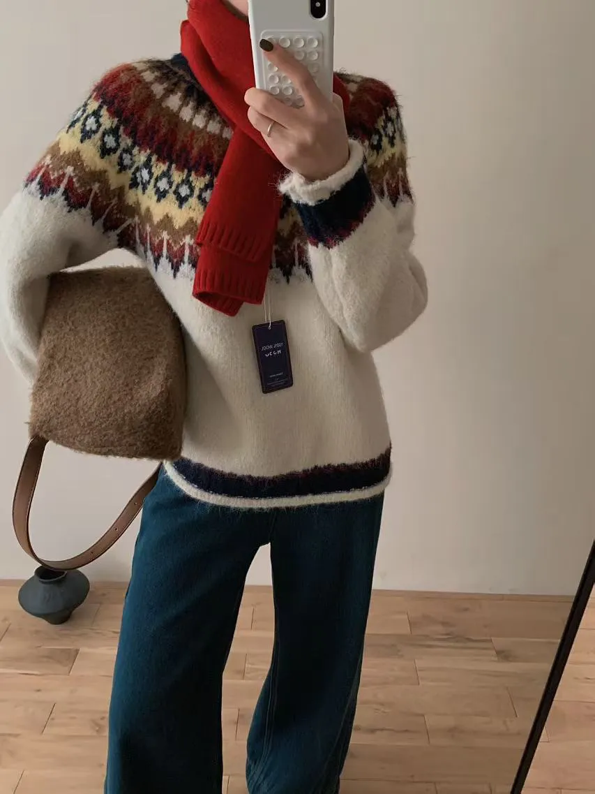 Retro Knitted Pullover Sweater Women's Loose Long Sleeve Top - Beige