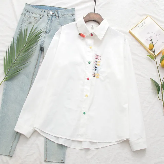 Women's Embroidered Rabbit Radish Shirt With Placket Red - Shop at LoveMi