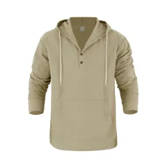 Hooded Long-sleeve Henley T-shirt With Large Pockets - Khaki - View 1