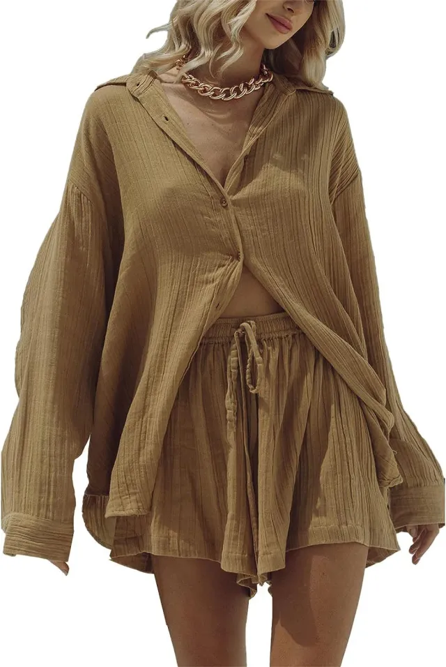Women's Casual Long sleeve Shirt And Shorts Set Light Brown - Shop at LoveMi