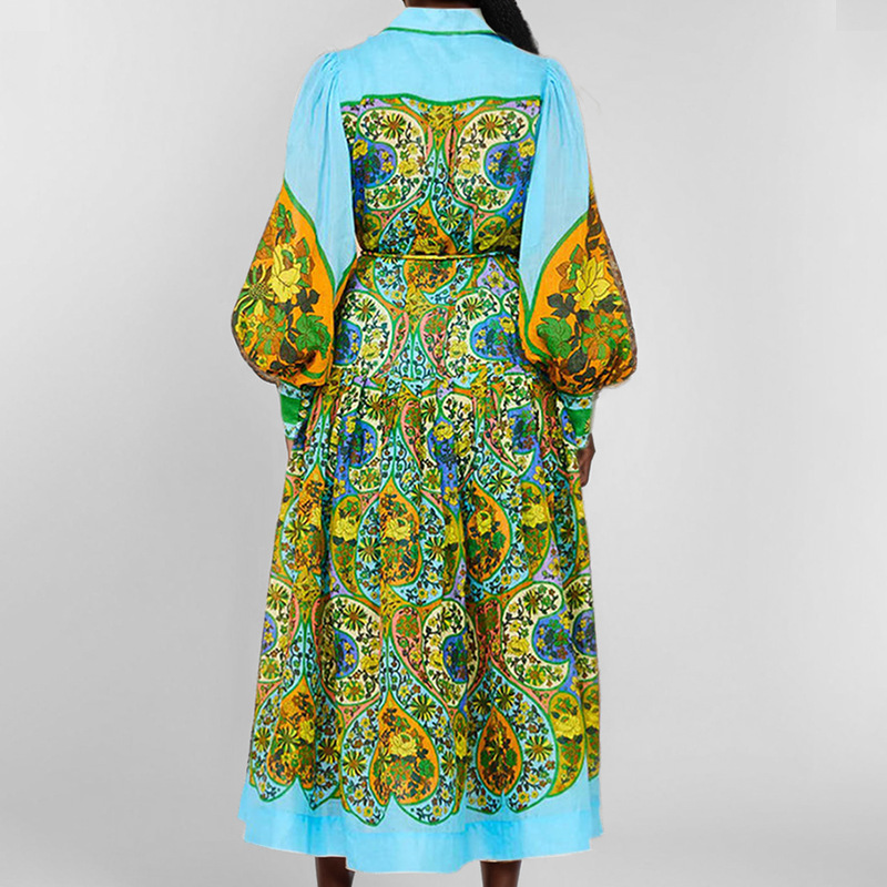 Women's Pastoral Style Elegant Printed Lantern Sleeve Dress