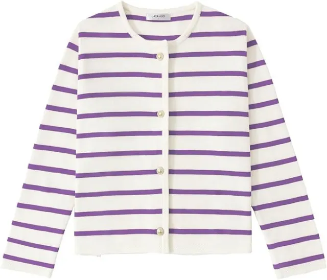 Women's Striped Cardigan Sweater Fashion Long Sleeve Button Purple - Shop at LoveMi