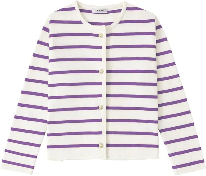 Women's Striped Cardigan Sweater Fashion Long Sleeve Button - Purple
