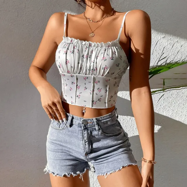 Women's Printed Ruffled Spaghetti Straps Vest White - Shop at LoveMi