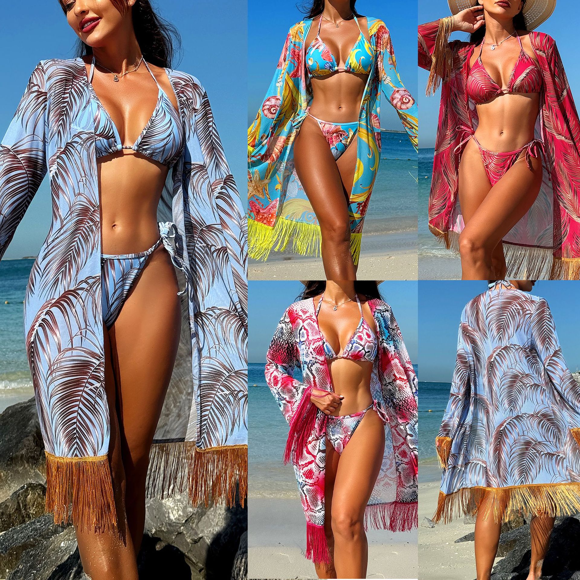 Printed Tassel Three-Piece Bikini Swimsuit For Women