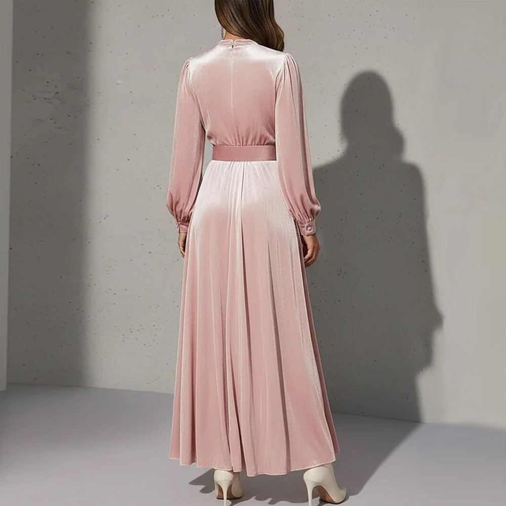 Slimming Waist-cinched Long Dress In Solid Color With A V-neck And Gold Velvet Fabric