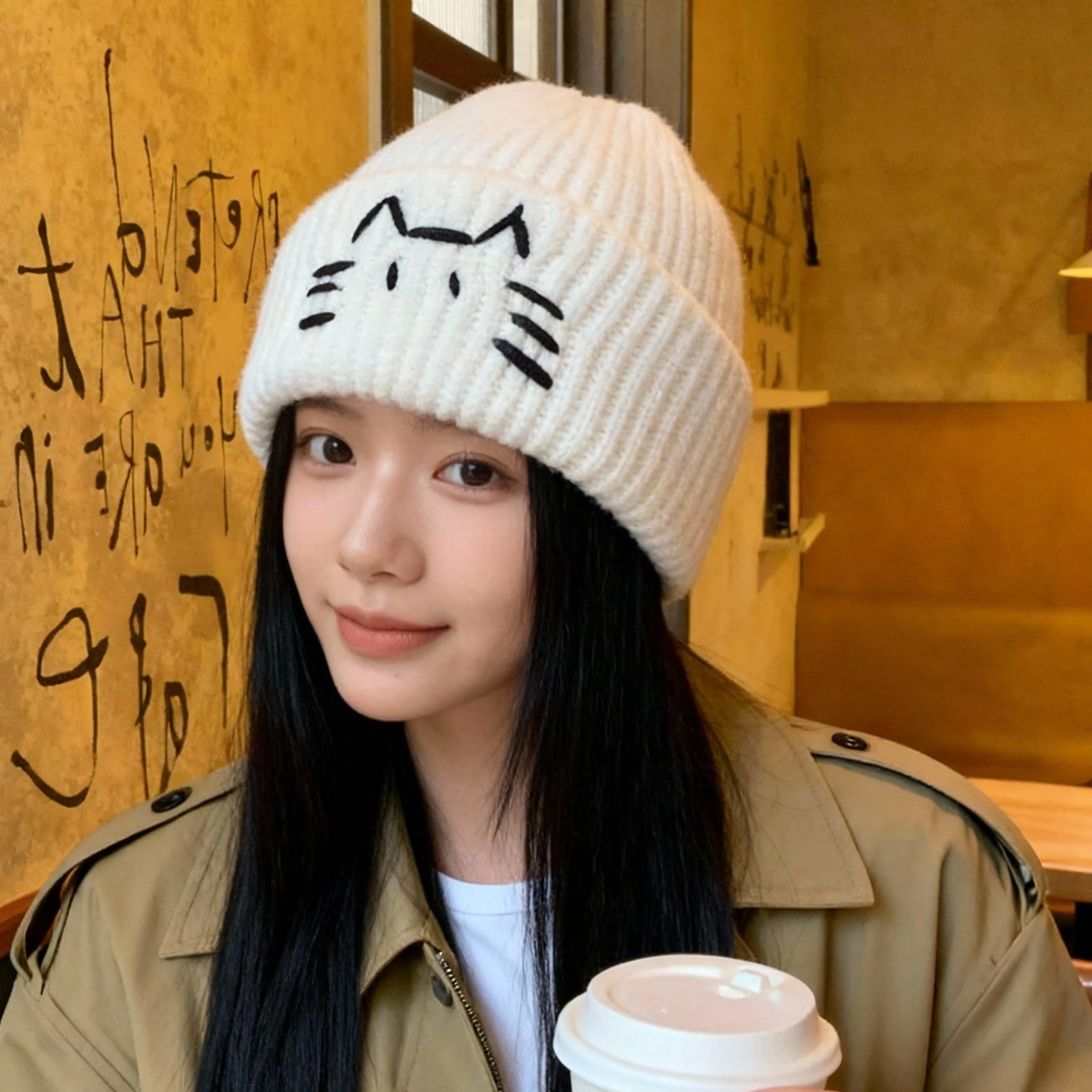 Cute Line-design Cat Knitted Hat For Womenkeeps You Warm In Fall And Winter