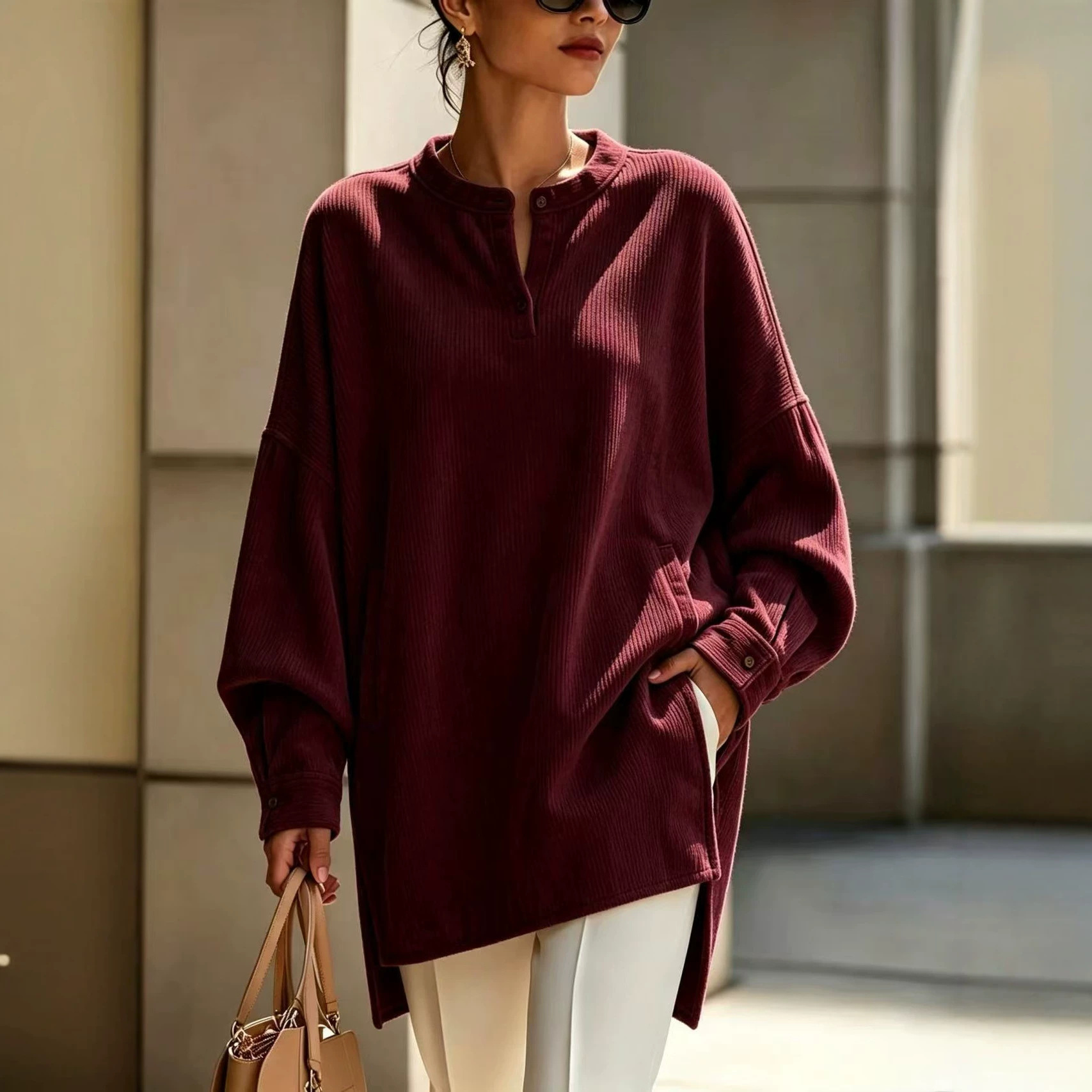 Womens Relaxed-fit Long-sleeve T-shirt With A Henley Neckline