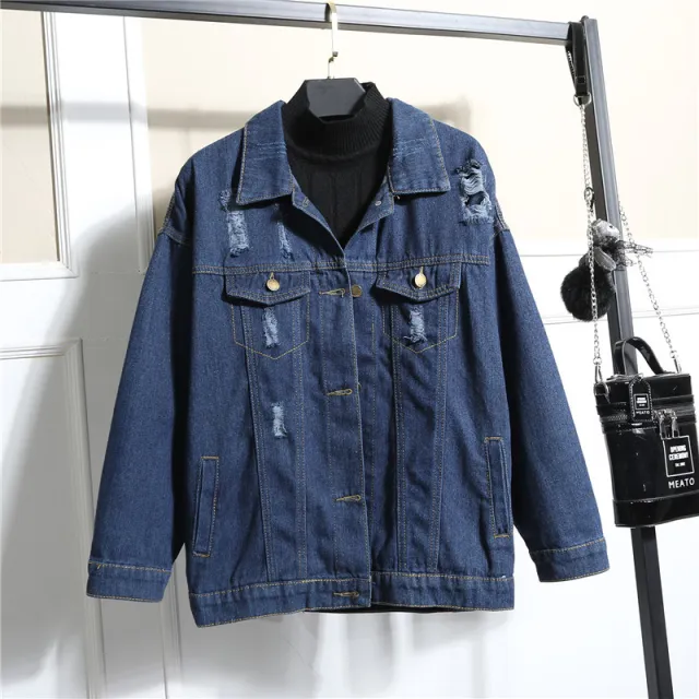 Worn Loose Denim Jacket Women's Long Sleeves Blue - Shop at LoveMi