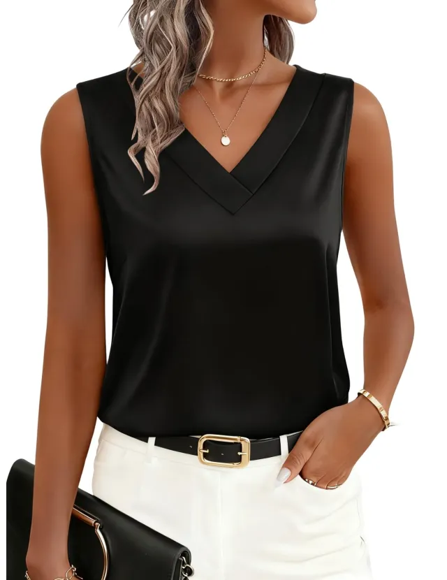 Womens Satin Camisole V Neck Casual Sleeveless Blouse Top Black - Shop at LoveMi