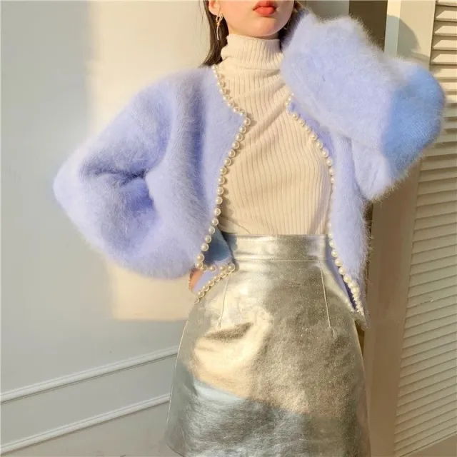 Korean Style Solid Color Fashion Loose Pearl Edge Mink like Wool Cardigan Sweater Blue - Shop at LoveMi