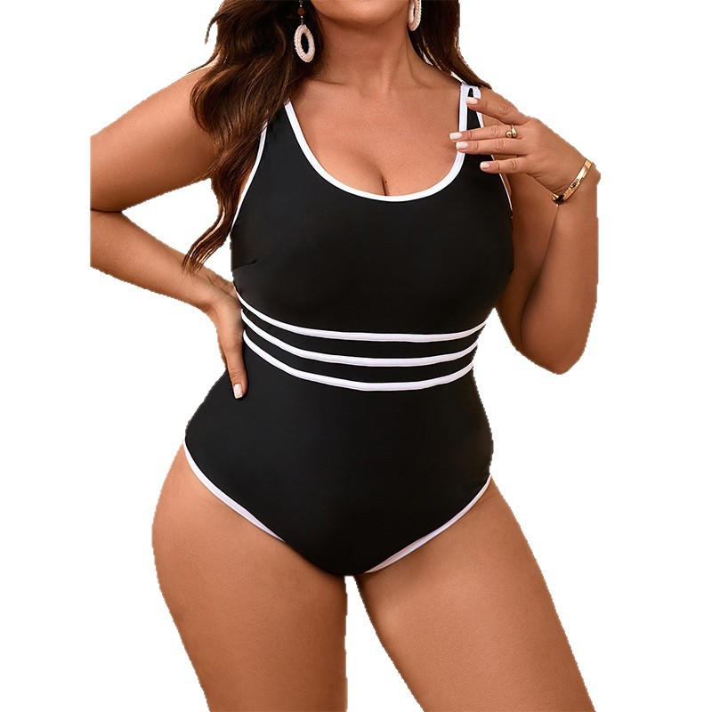 New Large-Size Round-Neck Solid-Color One-Piece Swimsuit Bikini