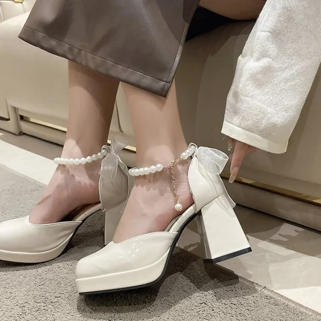 Women's Chunky Heel Black French High Heels Beige - Shop at LoveMi