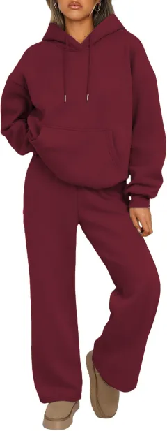 Autumn And Winter Casual Hooded Sweatshirt Oversized Wide-leg - Dark Red - View 1