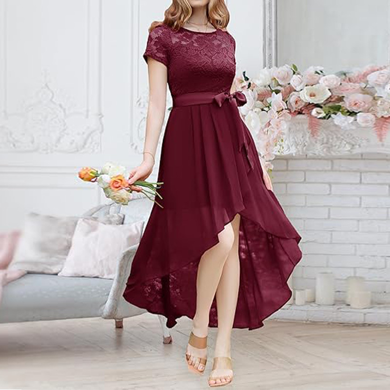 Lace Chiffon Ruffled High Slit Waist Round Neck Evening Dress Skirt