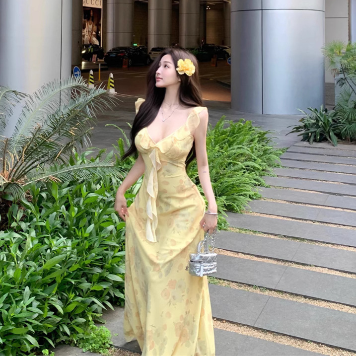 Yellow Printing Slip Dress French Ruffles